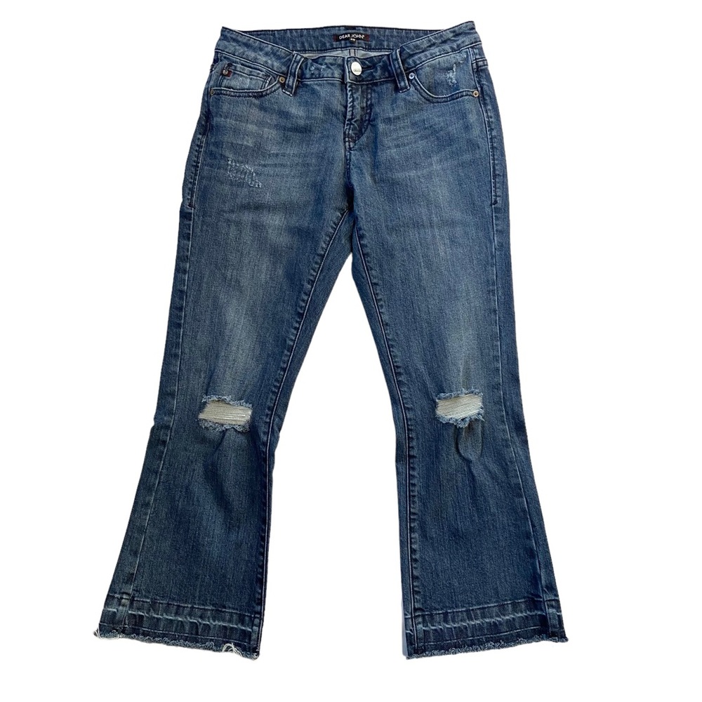 DEAR JOHN Karlie Jeans Cropped Flare Distressed Raw Hem Denim Blue Size 25